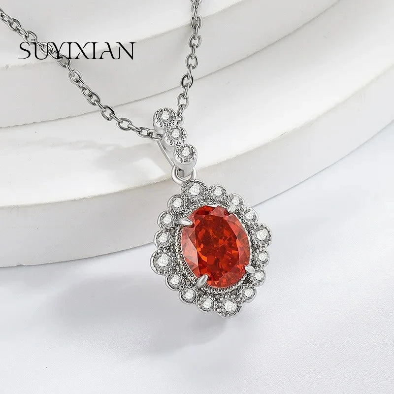 925 Sterling Silver Fashion Temperament Zircon Ice Flower Cut Pigeon Egg Necklace Birthday Party Anniversary Gift