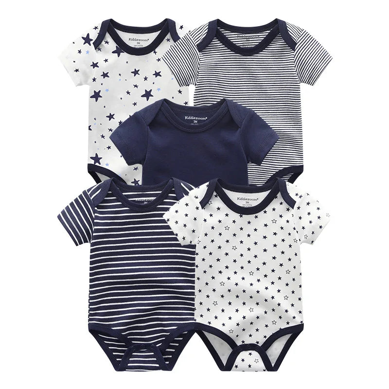 Newborn Bodysuits Unisex 5Pieces Baby Girl Clothes Solid Color Cotton Baby Boy Clothes Set Cartoon Print Summer Bebes