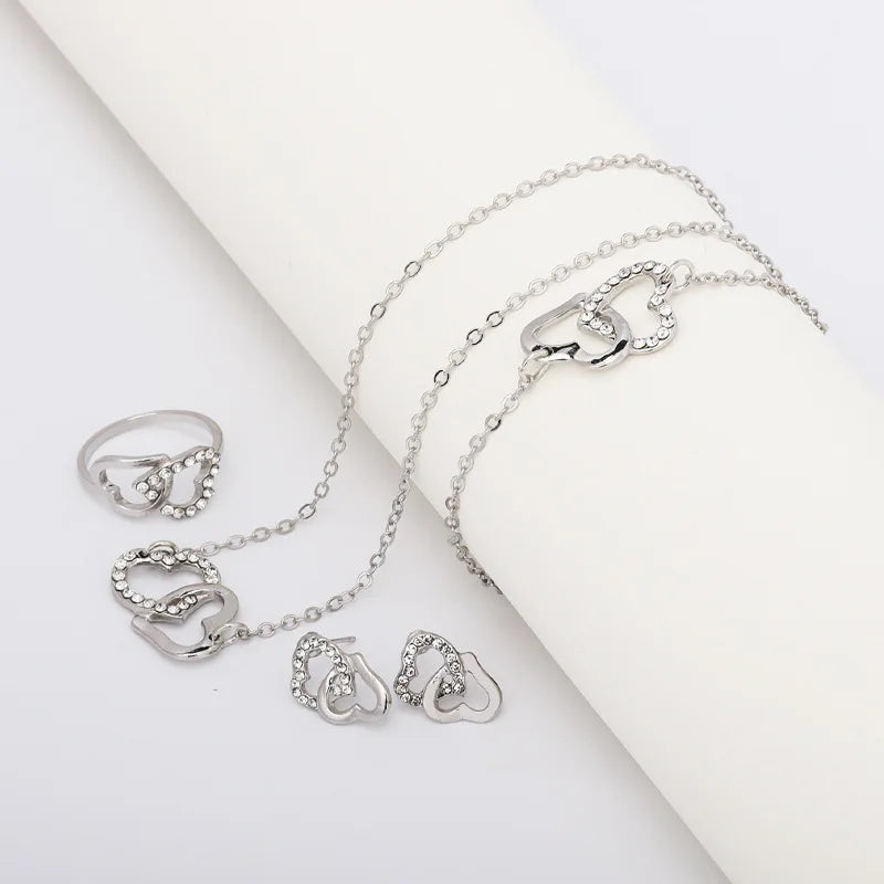 5PCS Set Gold-Color Heart Shaped Jewelry Sets Of Ring Earrings Necklace For Women Elegance Rhinestone