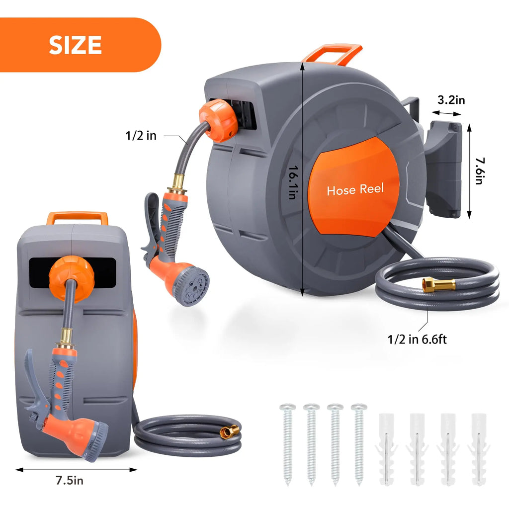 Wall Mounted Retractable Garden Hose Reel, 1/2 in X 72/100 ft, Auto Slow Rewind, 180° Swivel, 9-Function Nozzle, Any Length Lock
