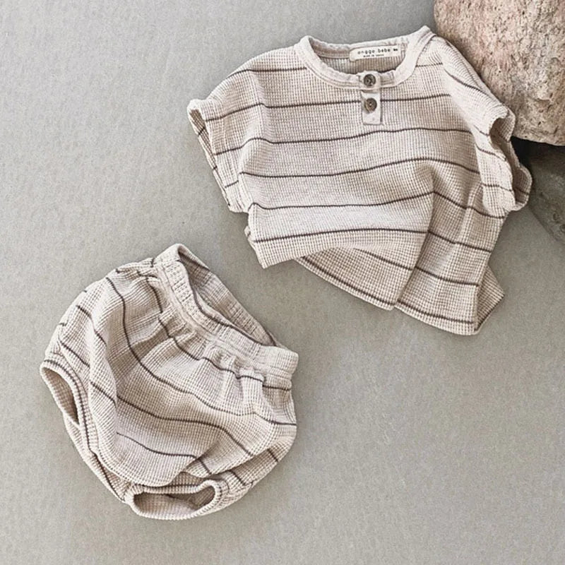 Children's Clothing 0-3 Year Old Summer New Striped Pure Cotton Boy T-Shirt Shorts Set Beach Vacation Girl Short Sleeved Set