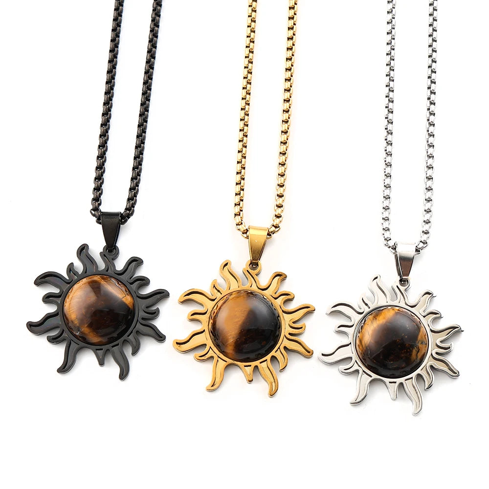 Natural Stone Tiger Eye Charm Sun Pendant Necklace Gold Color Stainless Steel Neck Chain Necklaces For Women Jewelry Accessories