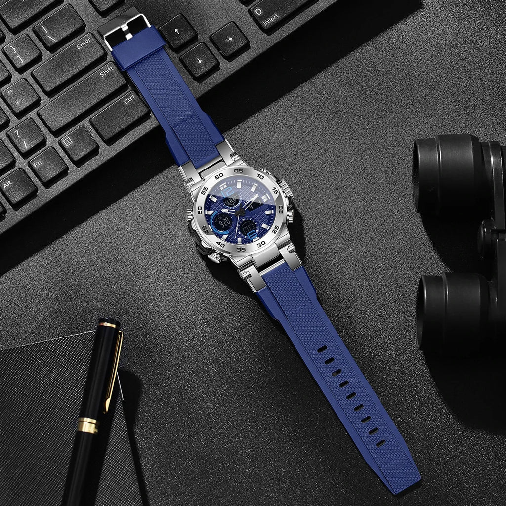 Luxury Large Dial Men Sports Watches Blue Silicone Strap Calendar Display Quartz Wristwatches Relogio Masculino（Without Box）