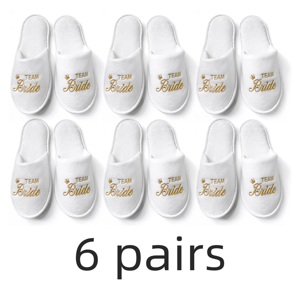 Bridal Party Slippers Set, Close-toe With Golden & Pink Embroidery, Lightweight Plush Cozy Flats, Non-slip Soft Sole For Bride