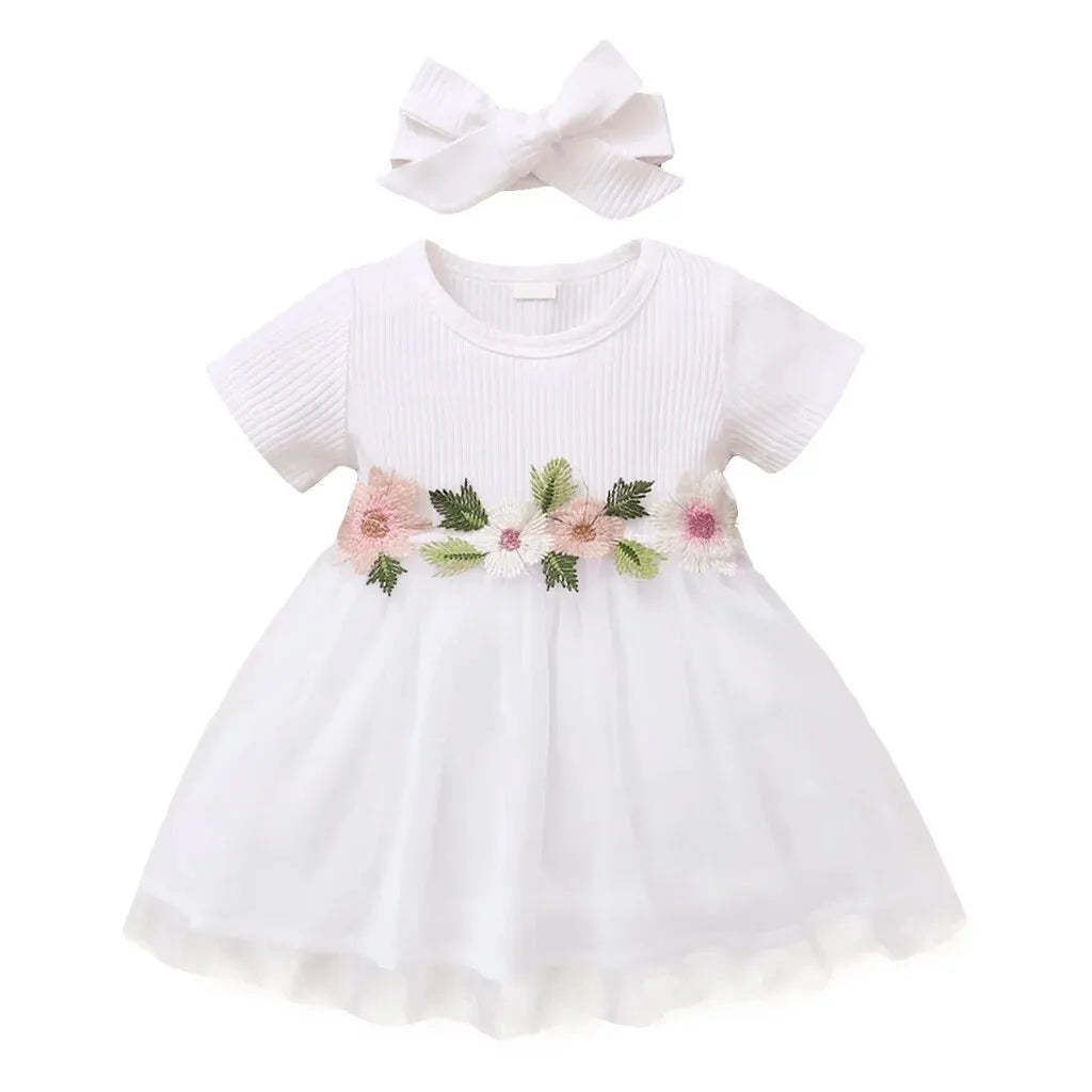 Baby Girl Dress Ribbed Embroidered Flower Short Sleeve Chiffon Dress+Headband 2Pcs/Set  for Baby Girls 0-3 Years Cute Baby Girl