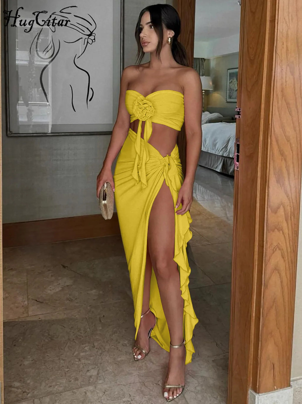 Hugcitar Elegant 2 Pcs Sets Strapless Tie Flower Draped Sexy Crop Tank Top Slit Tassel Maxi Skirt Women Outfit Birthday Festival