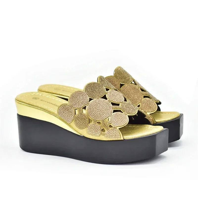 New Fashion Lady Shoes with Rhinestone Crystal Design Open Toe Sexy Nigerian Ladies Shoes Party Wedding Shoes Slippers Pumps
