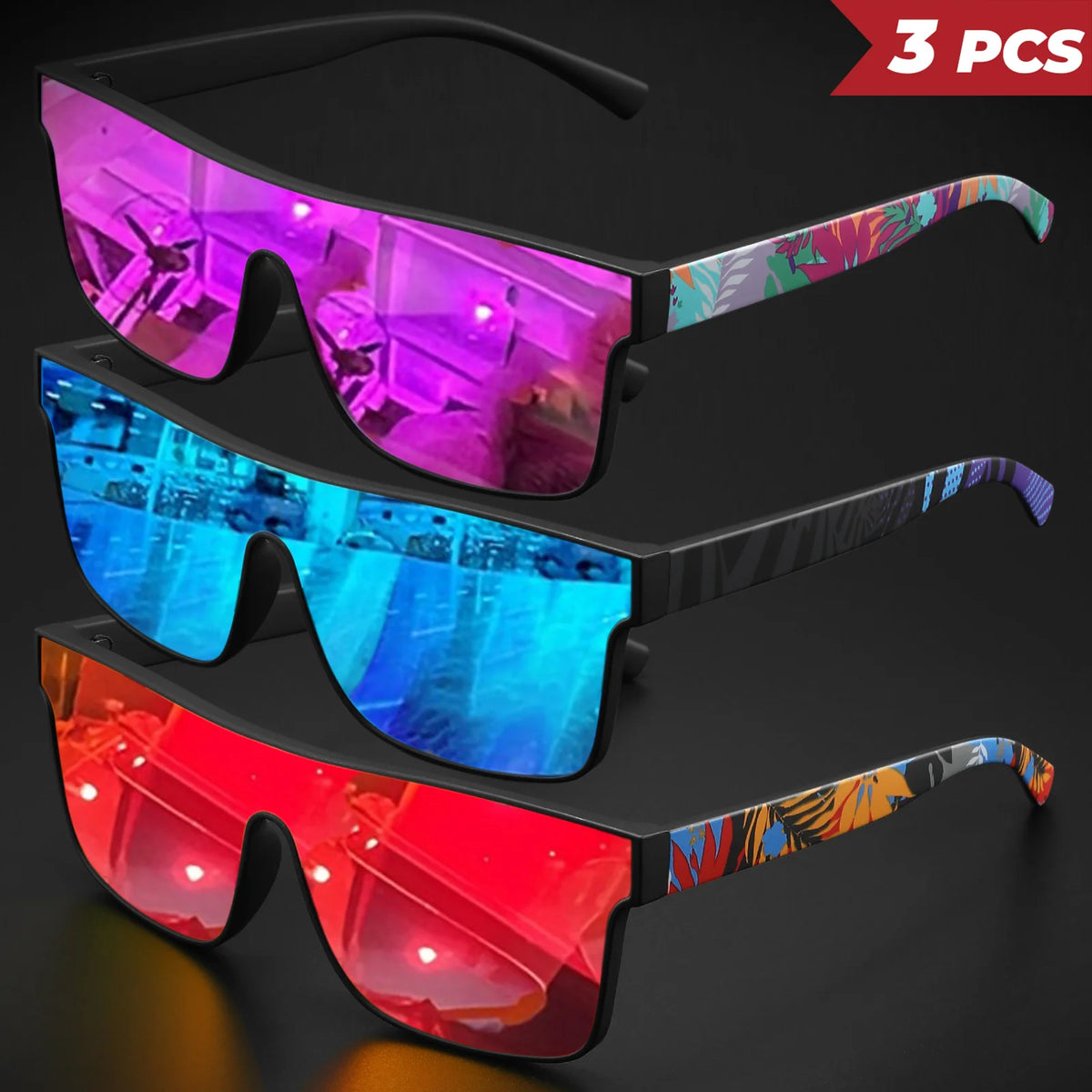 3PCS Colorful Sports Sunglasses - One-Piece Lens with Patterned Temples, UV400 Unisex for Cycling, Hiking & Beach