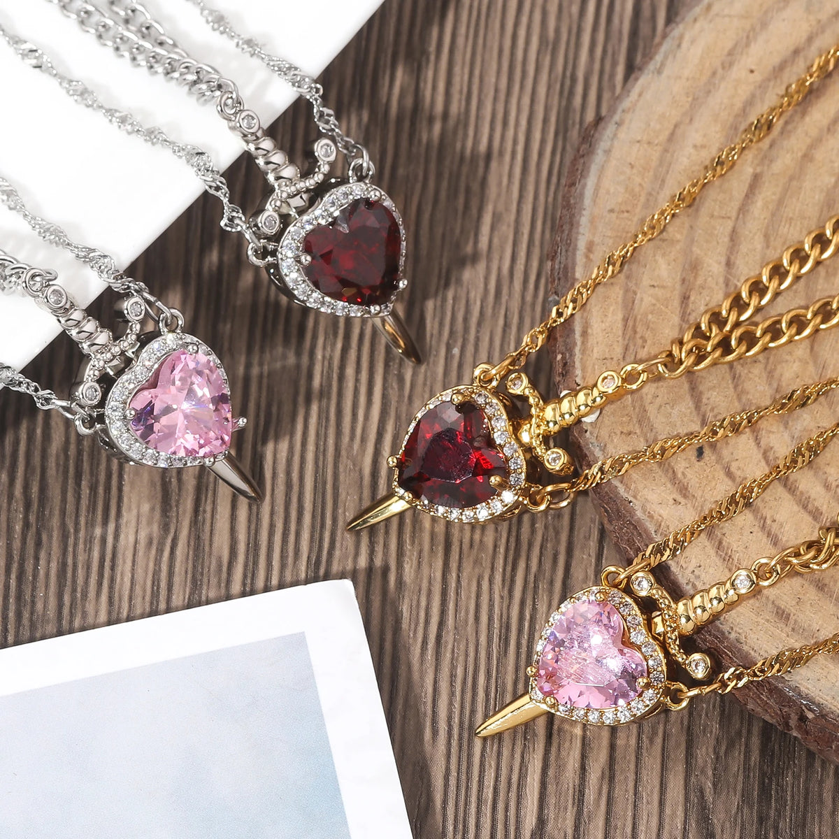 LATS 2pcs Can Be Assembled Heart and Sword Zircon Pendant Necklace for Women Men Couple Silver Gold Plated Choker Chain Jewelry