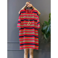 Retro 2025 Spring and Autumn New Women's Spliced   Pullover Round Neck Striped Mid-Length Loose Dress