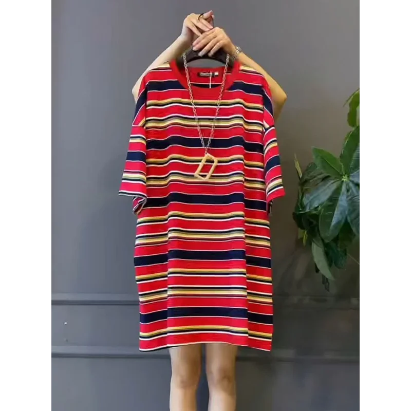 Retro 2025 Spring and Autumn New Women's Spliced   Pullover Round Neck Striped Mid-Length Loose Dress