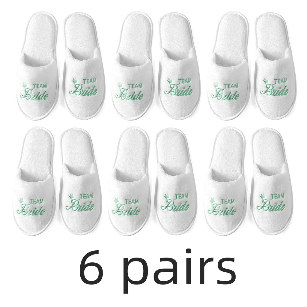 Bridal Party Slippers Set, Close-toe With Golden & Pink Embroidery, Lightweight Plush Cozy Flats, Non-slip Soft Sole For Bride
