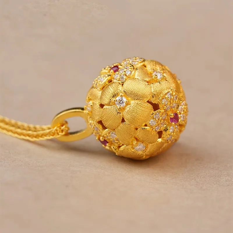 Luxury 24K 9999 Pure Gold real gold Women's Hollow Brushed Drill Embroidered Ball Pendant Necklace