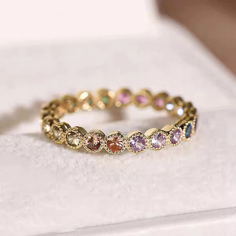 Huitan Colorful Rainbow Cubic Zircon Promise Rings for Women Gold Color Luxury Trendy Wedding Accessories Statement Jewelry