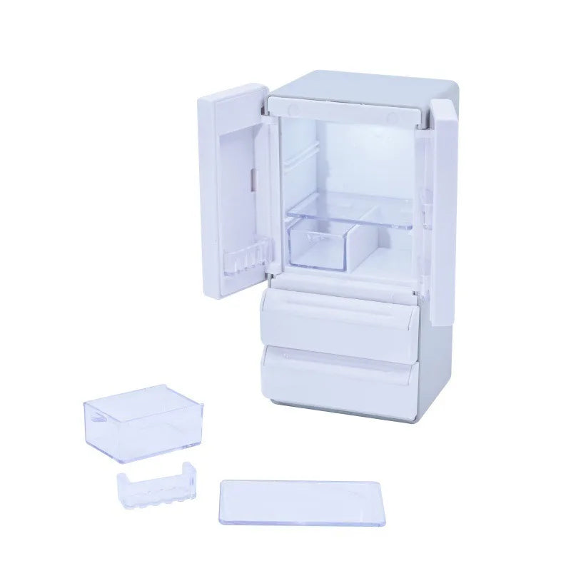Miniature Refrigerator with Lighting 1:12 Double Door Mini Home Appliance Model Kitchen Scene Playing House Simulation Food Play