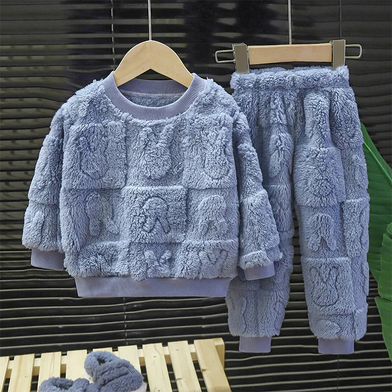 Children Baby Girls Cotton Clothing Sets Autumn Winter Kids Boys Plus Fleece Warm Cartoon Top+Pants 2PCS Outfit Suit 1TO 6 Years