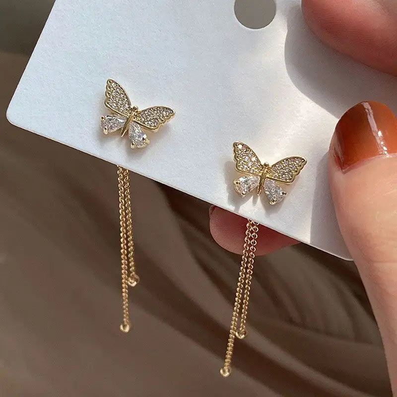 Exquisite Butterfly Long Tassel Earrings Two Ways To Wear Rhinestone Drop Earings For Women Party Wedding Jewelry Gifts K-