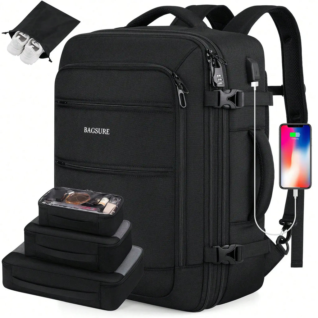 5PCS Travel Backpack Carry On Backpack 42L Flight Approved, Expandable Laptop Backpack With Packing Cubes & Shoe Pocket