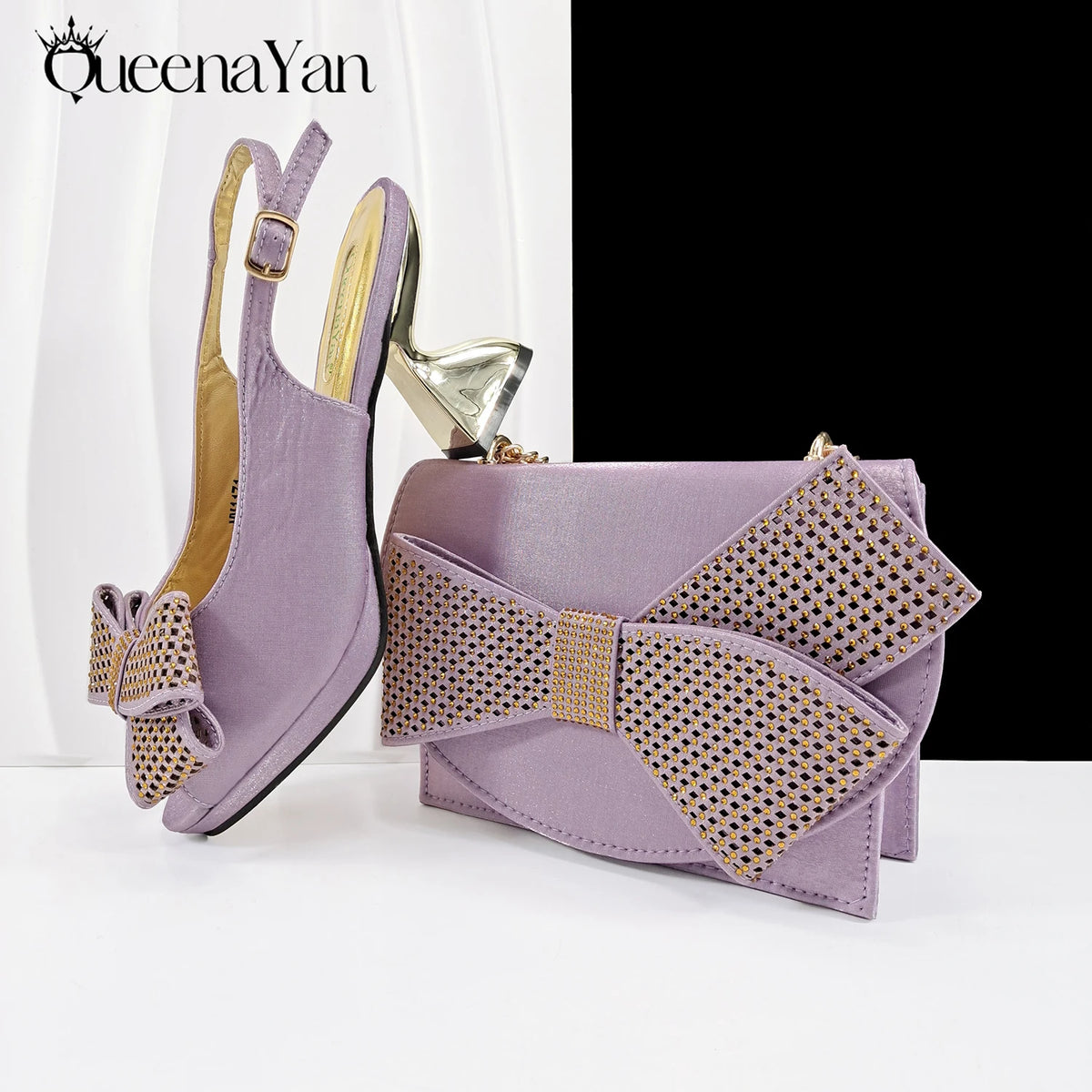 Queena Yan Elegant Women High Heels for Peep Toe Good Material Rhinestone Wine Sandals Italian Design Shoes and Bags Matching