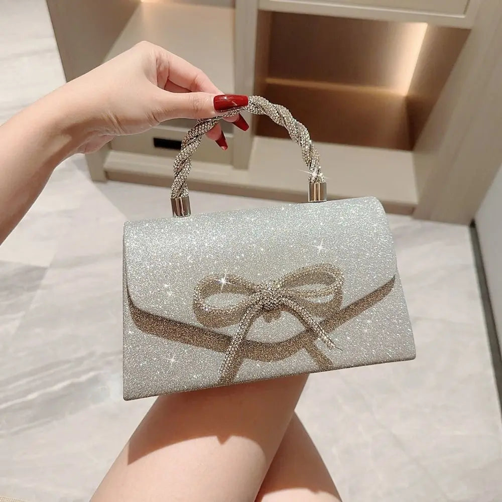 Fashion Rhinestone Bowknot Evening Bag Glitter Gold Silver Bow Chain Bag Clutch Bag for Women Female