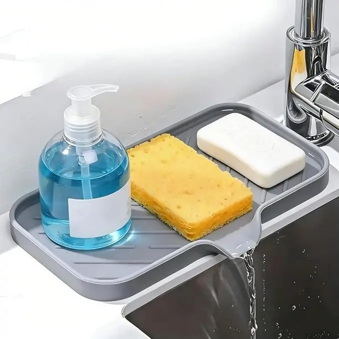 Silicone Sponge Holder with Drain Spout Kitchen Sink Sponge Tray Rubber Soap Dish for Shower Grey 9.5 X 5.9 Inch
