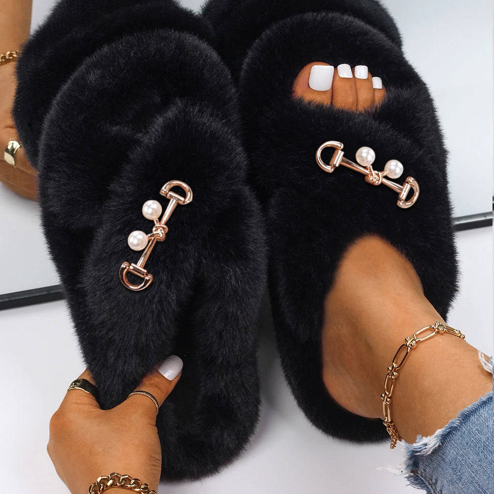 Women Furry Fur Slippers Soft Faux Fur Slides Ladies Plush House Slippers Cross Strap Open Toe Flat Sandals Fluffy Warm Shoes