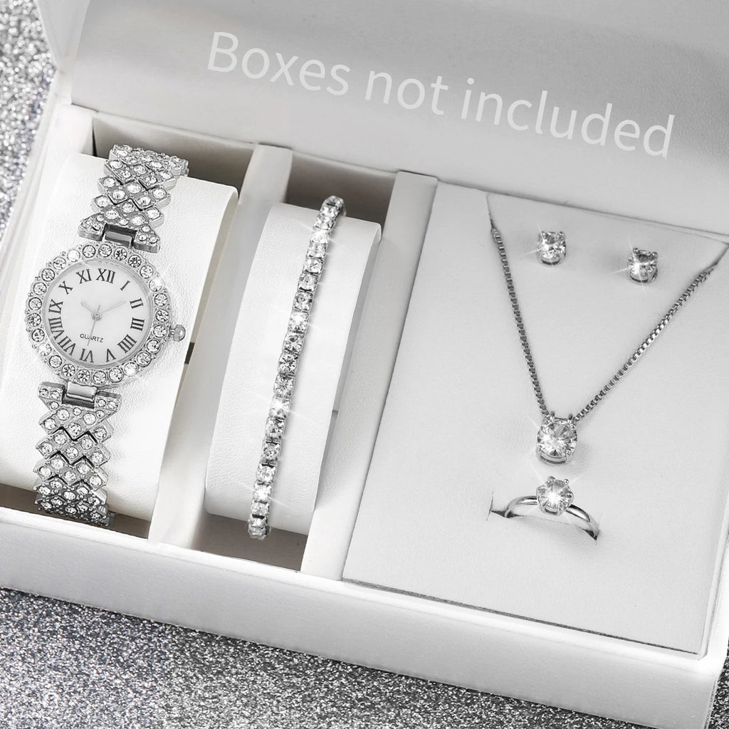 6PCS/Set Luxury Women Watches Fashion Rhinestone Roma Dial Bracelet Band Quartz Watch Jewelry Set Reloj Mujer（Without Box）