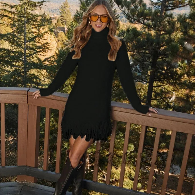 Knitted Dresses 2025 Woman High Neck Vestidos Tassel Sweater Pulls Femmes Keep Warm Homewear Solid Color Temperament Commuting