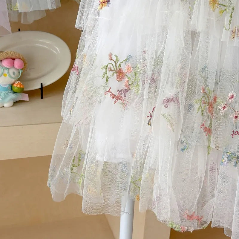 Girls Princess Dress Fairy Tulle Sweet Embroidered Cake Layered Dress for Kids Puffy Mesh Gown Birthday Party Wedding Dress