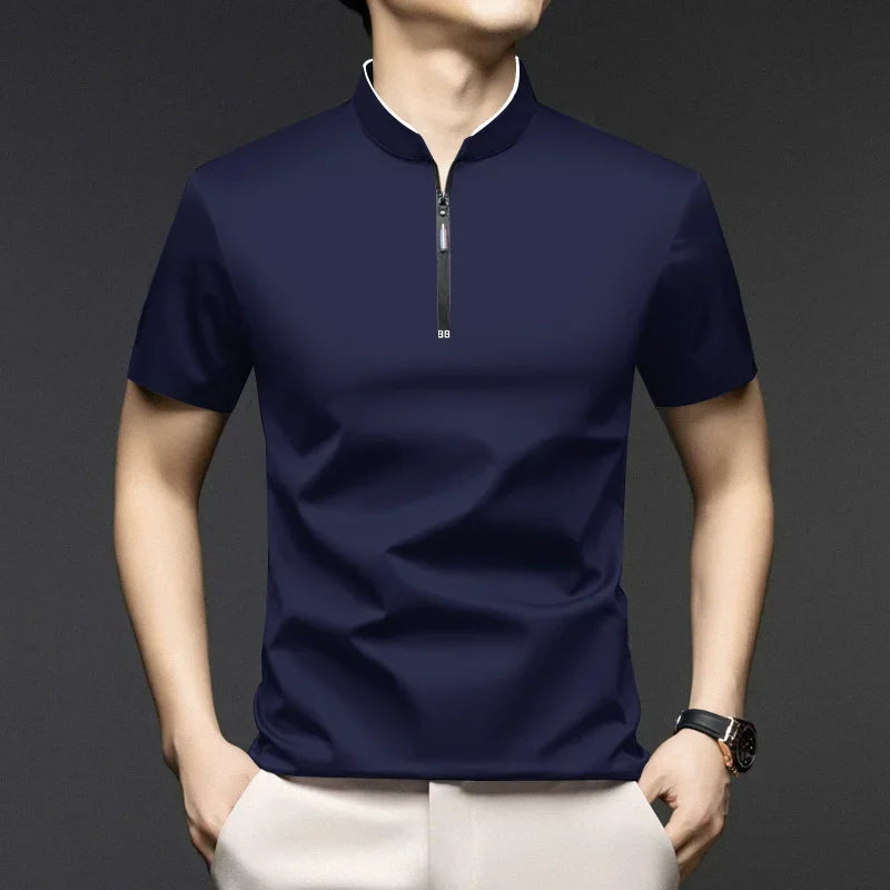 2025 New Men's Casual Fashion Zipper Solid Color Short Sleeved Polo Shirt Stand Up Collar Versatile Comfortable Top