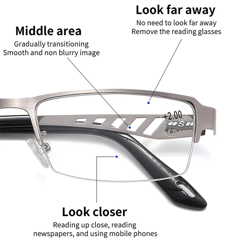 Adjustment Photochromic Multifocal Reading Glasses Men Progressive Anti-Blue Ray Business Spectacles Half-Frame Eyewear 1.0-3.5