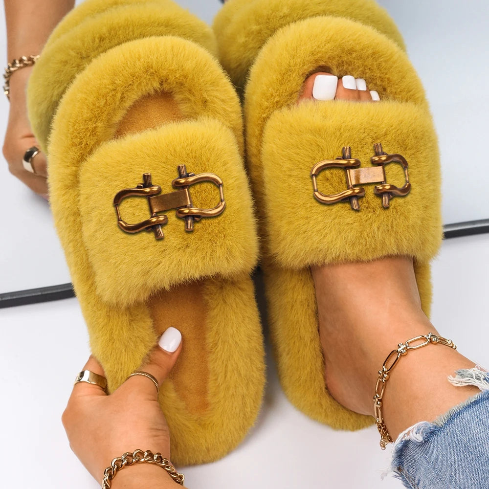 Fashion Slippers Women Buckle Decor Furry Slides Ladies Fluffy Flip Flops Luxury Designer Fur Sandals Cute Slippers Casual Shoes
