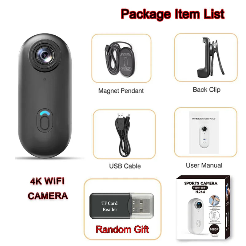 4K HD Mini Vlog Camera with WiFi Wireless Portable Action Body Cam for Sports Travel Photography Pocket Sized Video Recorder