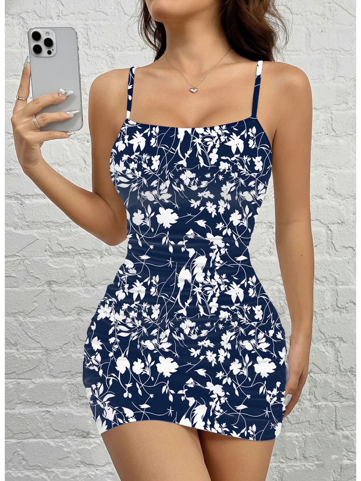 Women's Summer Casual Fashion Comfortable Floral Print Square Neck Sleeveless Suspender Dress Short Skirt