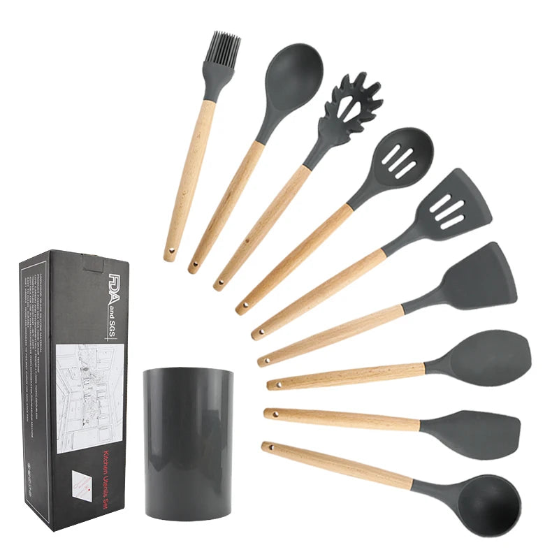 High Temperature Resistant Silicone Kitchenware Set Wooden Handle Shovel Leaky Spoon Tool Cooking Utensil Baking Accessories