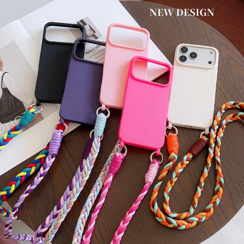 Fashion Lanyard Case For iPhone 17 Pro Max 18 14 12 11 13 15 16 Plus Air Shockproof Candy Crossbody Neck Cord Braid Strap Cover