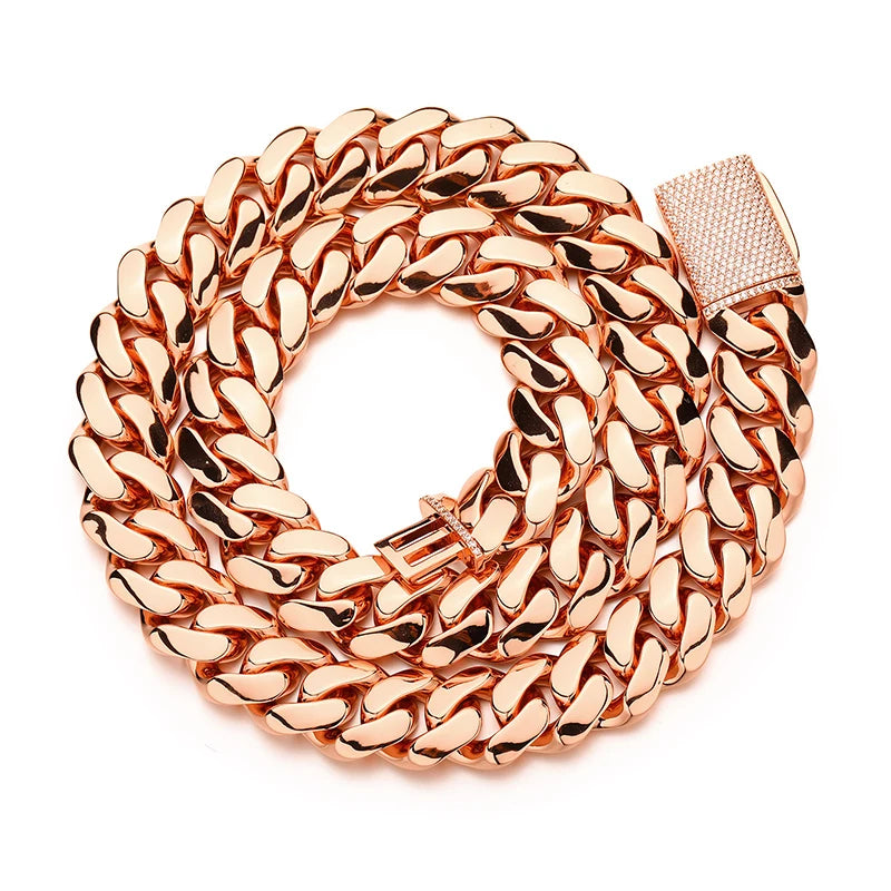 10-25mm Wide Hip Hop Bling Iced Out Round Cuban Miami Link Chain Necklaces for Men Rapper Jewelry Rose Gold Color