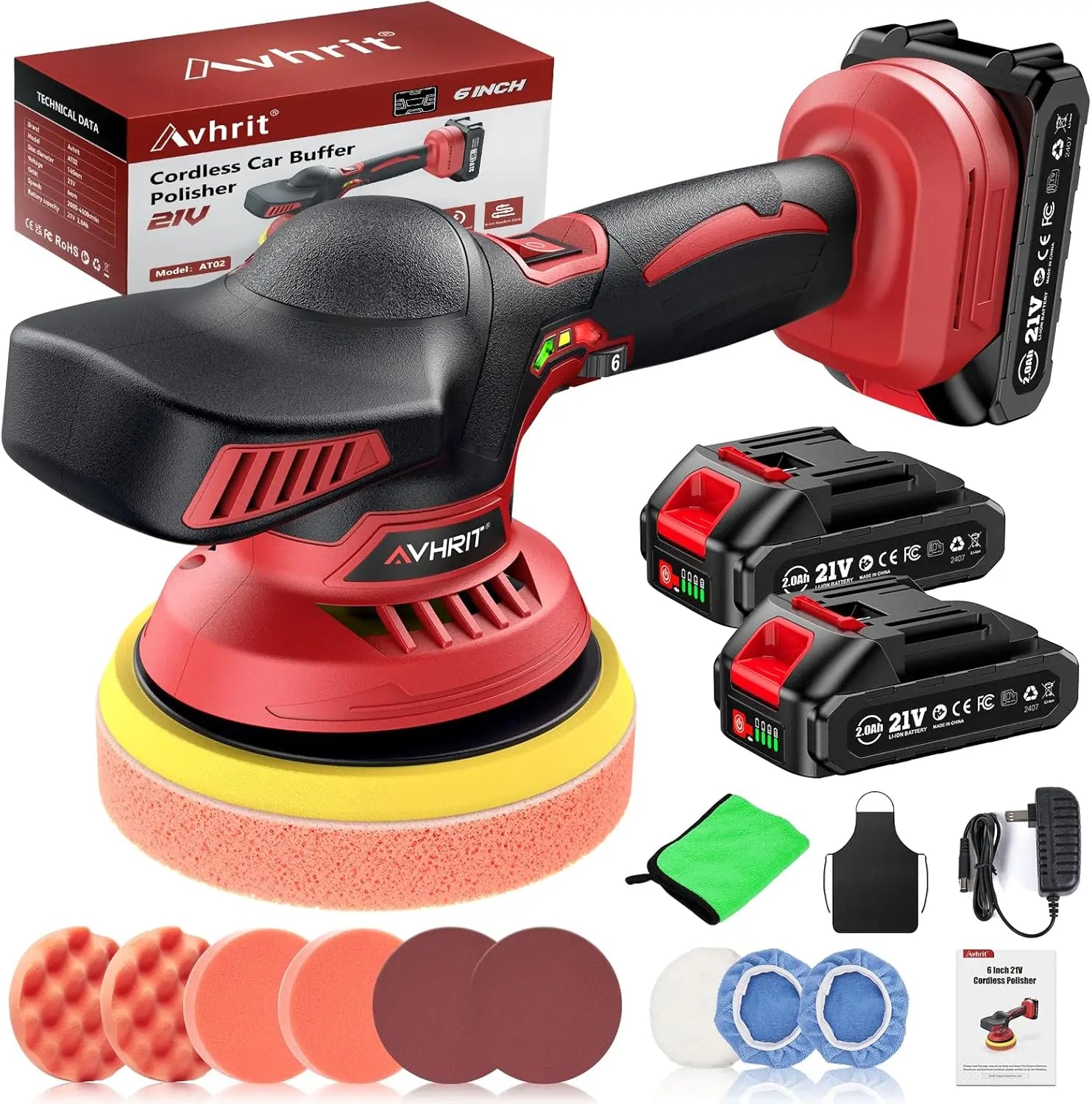 21V Cordless 6-Inch Car Polisher Kit with 2x2000mAh Batteries,6-Speed & 16PCS Attachments for Auto Detailing, Boat Sanding