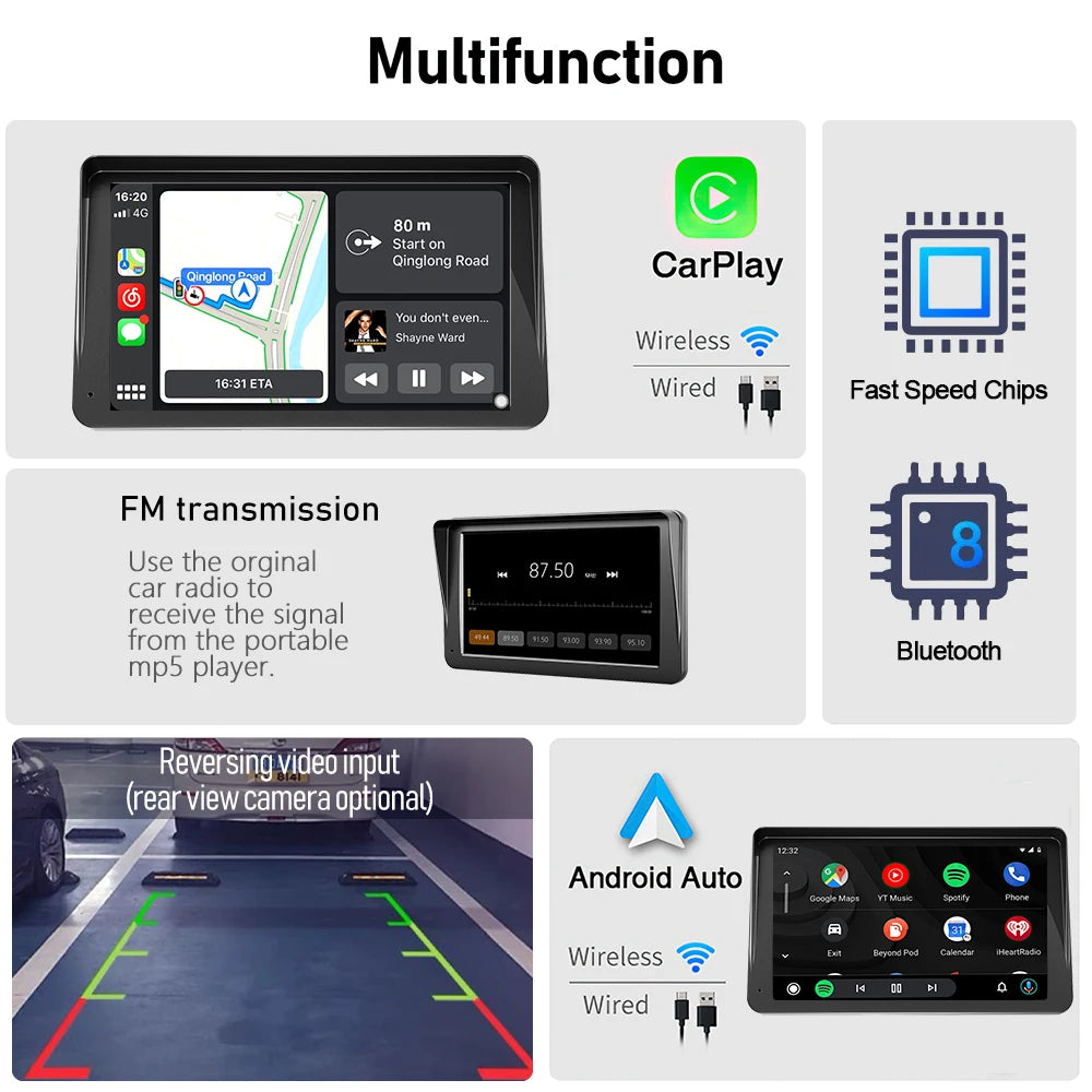 IPS 7 Inch Portable WIFI Wireless Carplay Android Auto Car Radio Multmedia Video Player Reversing Camera for Apple Or Android