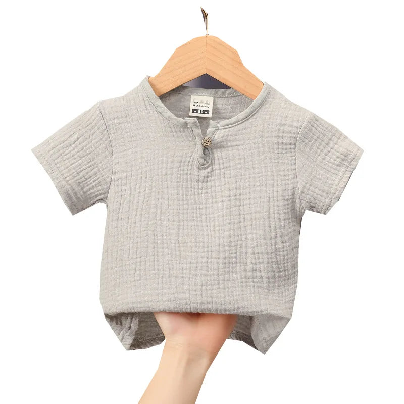 children t shirts fashion linen pleated boys t shirt children t-shirt 2025 summer baby boys girls t-shirt children clothes kids