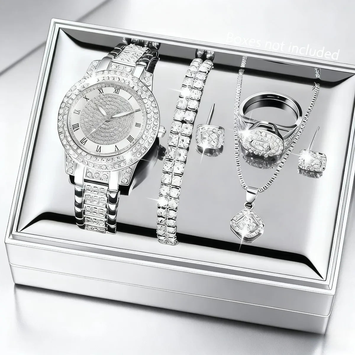Women Rose Gold Diamond Watch 6Pcs Jewelry Set Necklace Earrings Bracelet Ring Luxury Gift For Her