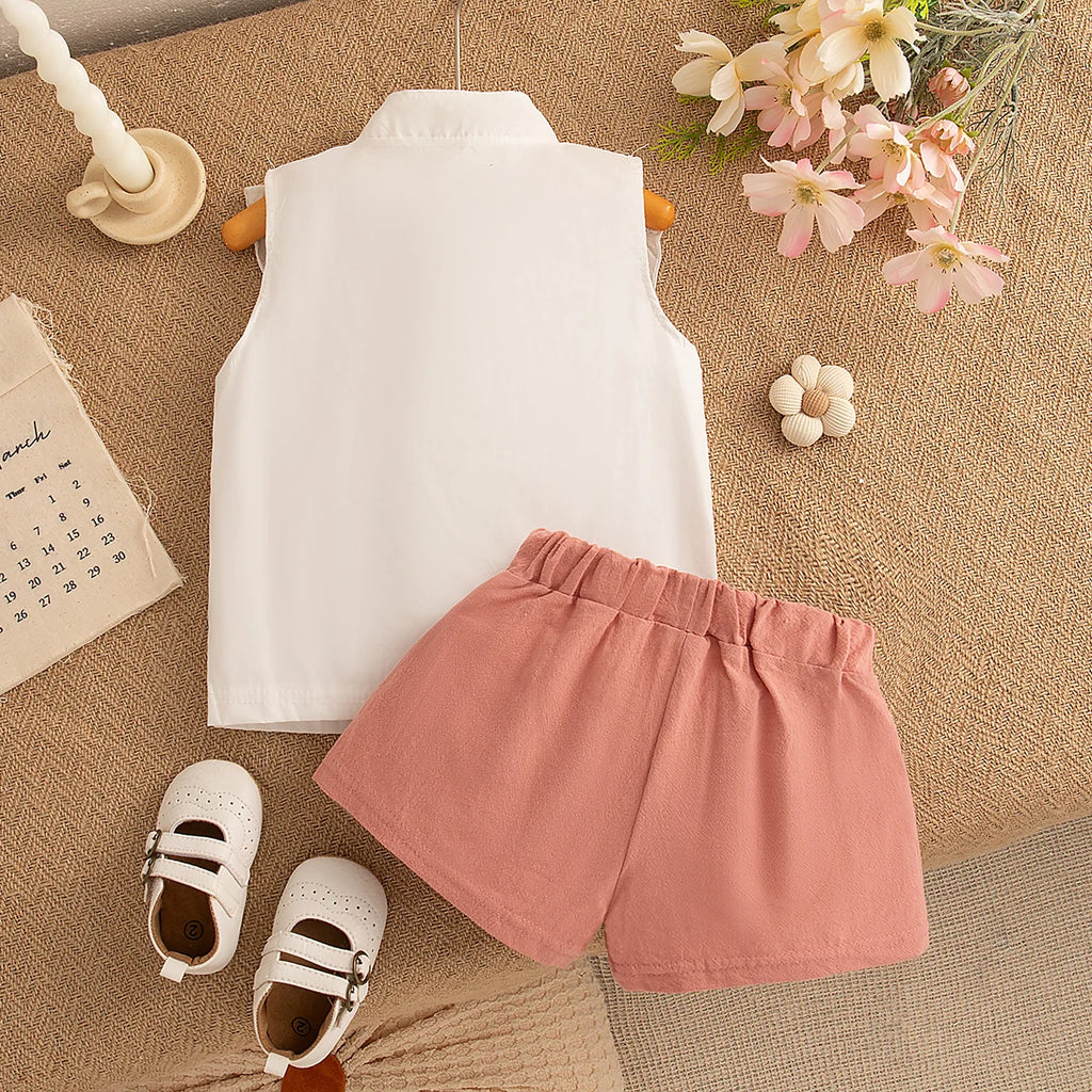 2Pc/Set Baby Set Summer Cotton Flower Embroidery Sleeveless Top Solid Color Shorts Baby Outfit Set Cartoon Beach Girl Clothing