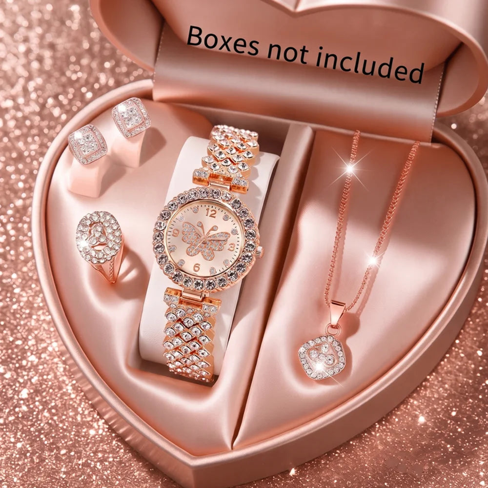 5Pcs/Set Unisex Jewelry Watches Women's Wristwatch Accessories Rose Gold Fashion Business Elegant Trendy Classic Exquisite Retro Light Luxury Rhinestone Luxury Bracelet Watch Set Y2K Suitable for Travel, Vacation, Parties, Da