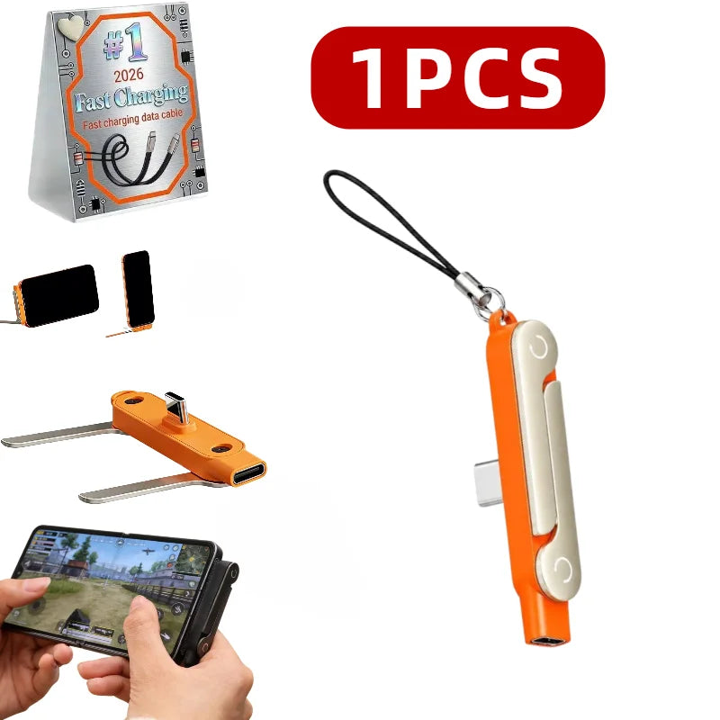 240W 2-in-1 Black/Orange Fast Charging Foldable Bracket Data Cable Type-C to Type-C Data Wire with Phone Tablet Stand