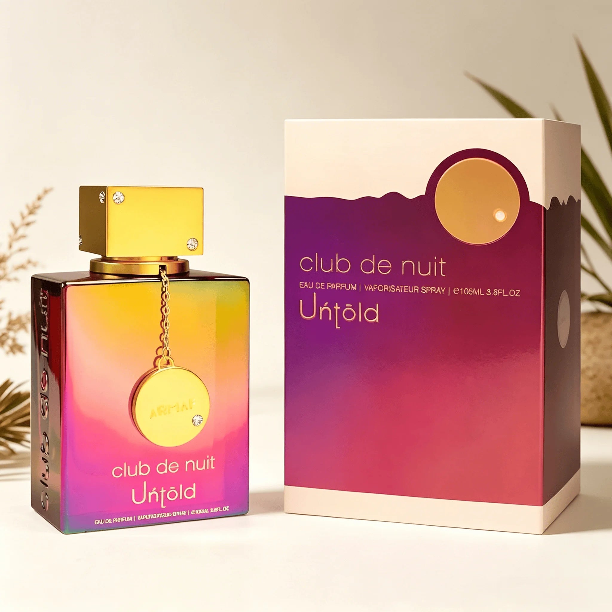 ARMFA Club De Nuit Untold Eau de Parfum 105ML With Original Sunset Gradient Gift Box Long Lasting Rich Sweet Floral Vanilla Musk Fragrance Women Perfume Iridescent Rainbow Square Bottle Gold Chain Pendant Cap Glam Night Scent