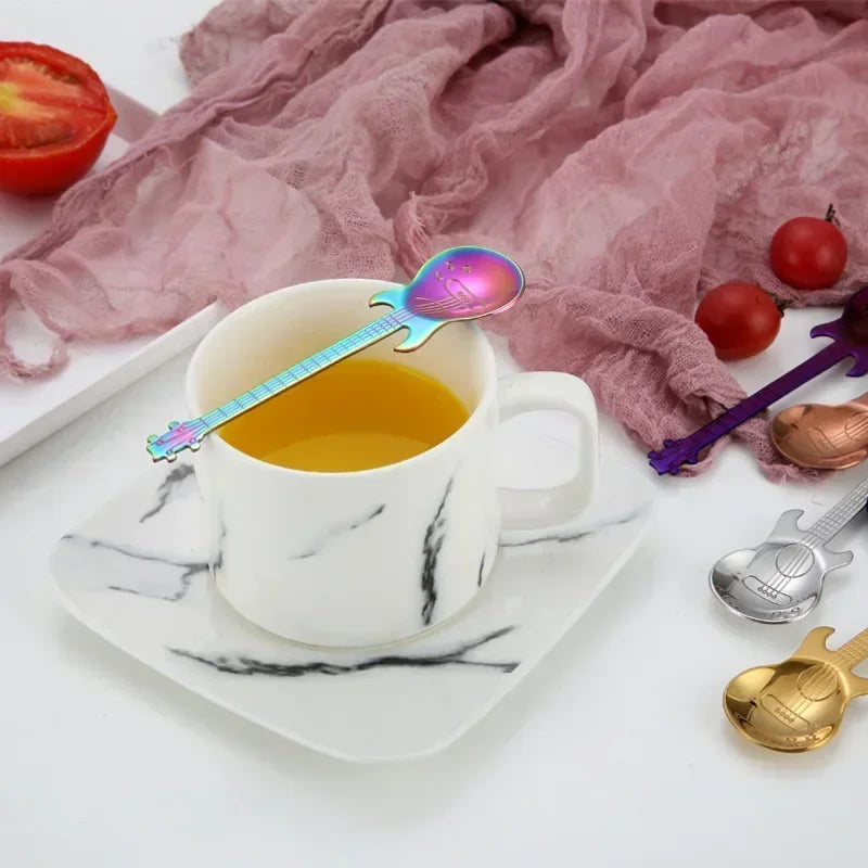 1pcs Stainless Steel Guitar Shaped Love Coffee Spoon Teaspoon Children Spoon New Beautiful 7 Colors Coffee Tea Use Kitchen Spoon