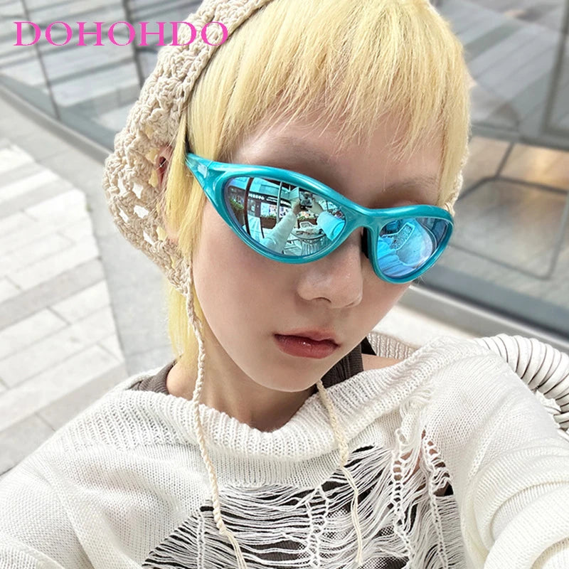 DOHOHDO New Retro Y2K Cat Eye Outdoor Fashion Sports Sunglasses Women Gradient Mirror Goggles Shades UV400 Men Punk Sun Glasses
