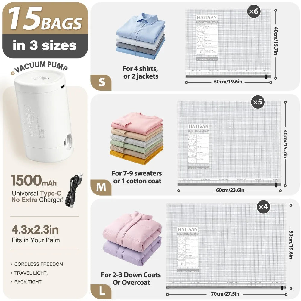 15 Pack Vacuum Bags for Travel with Rechargeable Air Pump, Vacuum Storage Bags Space Saver, Carry-on Size Vacuum Compression Bags for Clothes, Bedding