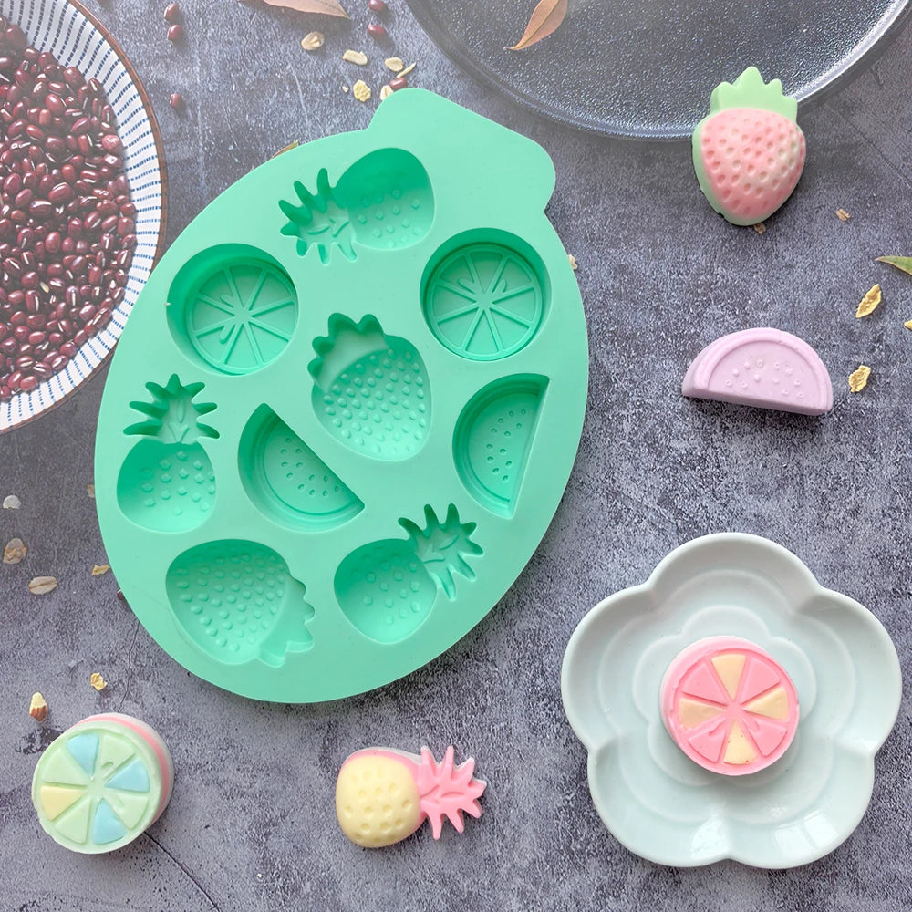 1pc 9-cavity 4 fruit shaped chocolate candy silicone molds, pudding, biscuit, ice tray molds, cake decoration baking utensils