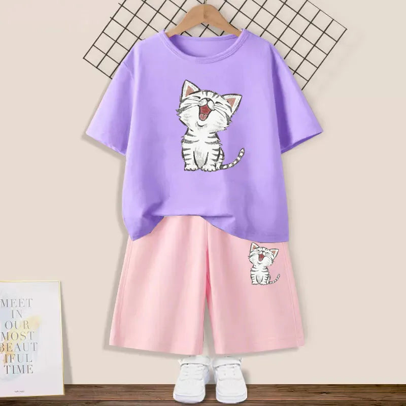 Girls Happy Cat Printed 2PC Outfit Set Summer Fashion Short Sleeve T-Shirt And Shorts Combo Cute Kids Clothing